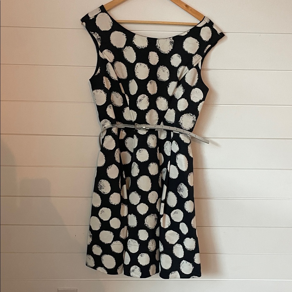 Black and White Abstract Polka Dot Dress with Metallic Belt